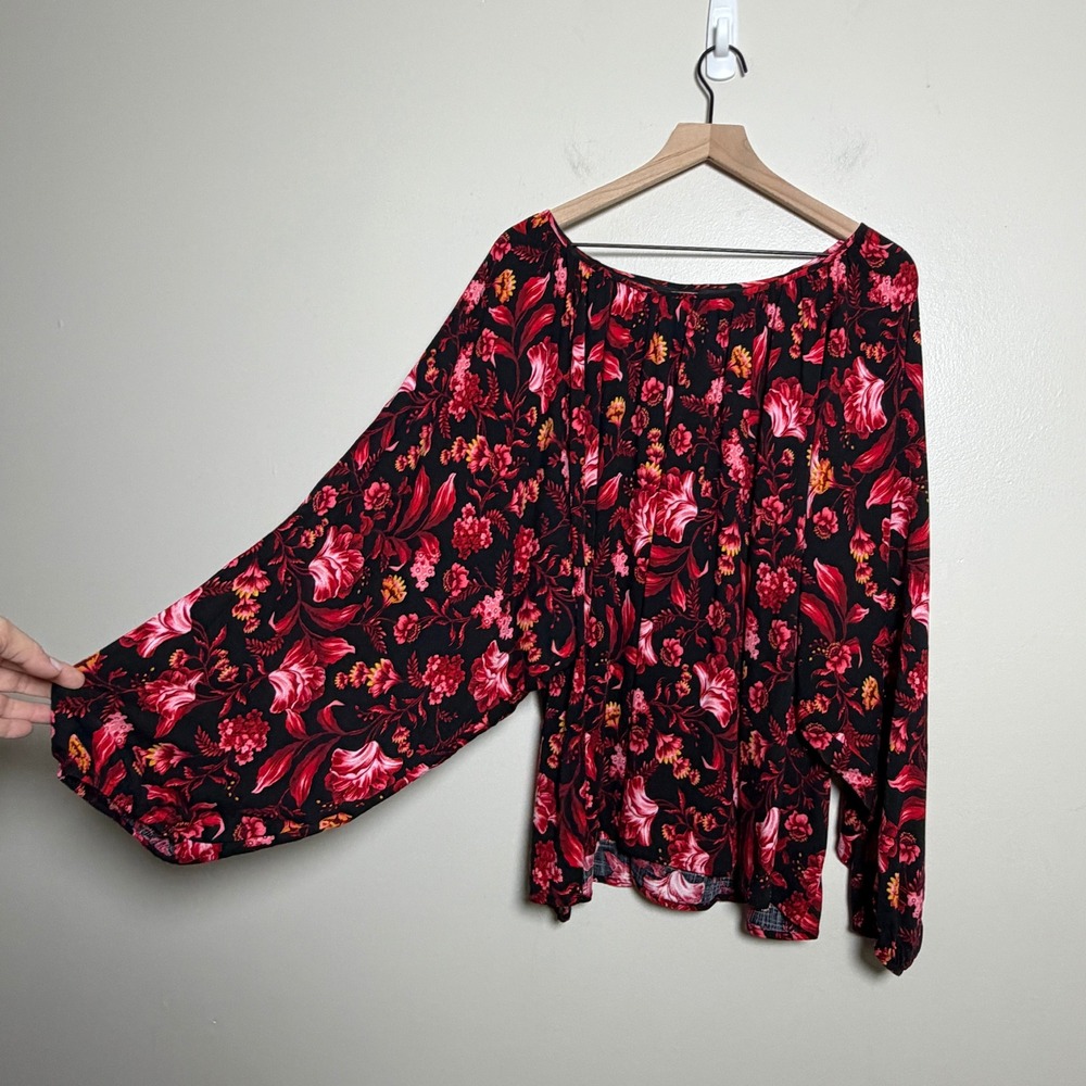 Terra & Sky Womens Cotton Blend Blouse 3X Black Red Floral Balloon Sleeve Top